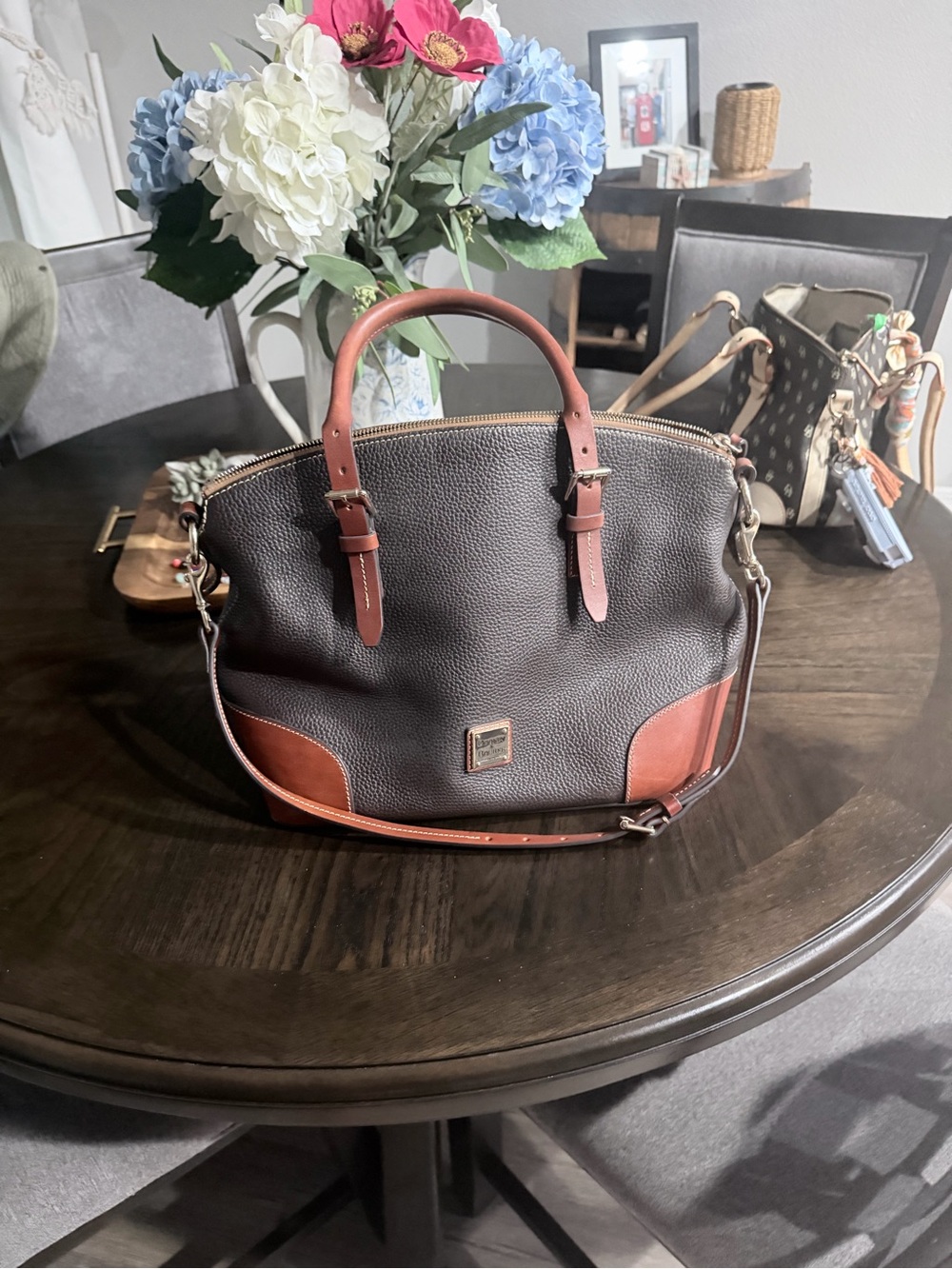 Dooney & Bourke Dark Brown Pebbled Leather Satchel with Tan Accents - Picture 1 of 6